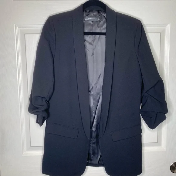 Zara Black Longline Ruched Sleeve Blazer Size XS - Picture 2 of 11